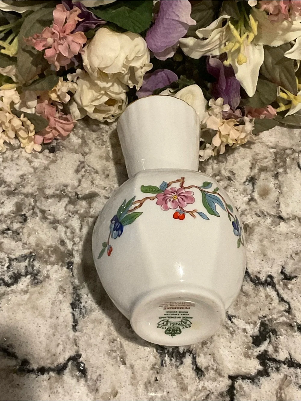 BR-AYNSLEY-ENGLAND BONE  White Bud Vase with Blue & Yellow Bird Motif